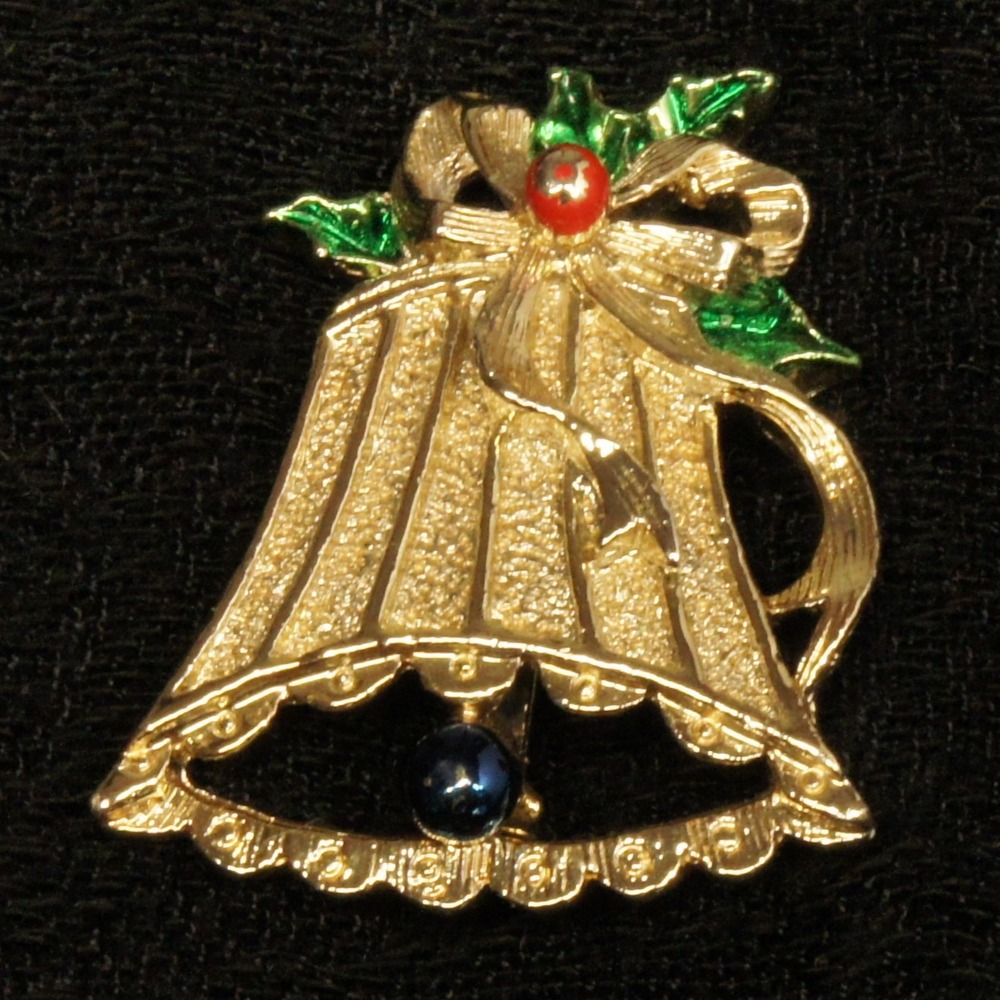 Vintage Gerrys Christmas Bells Brooch Holly Red Green Blue Enamel Dangle Pin